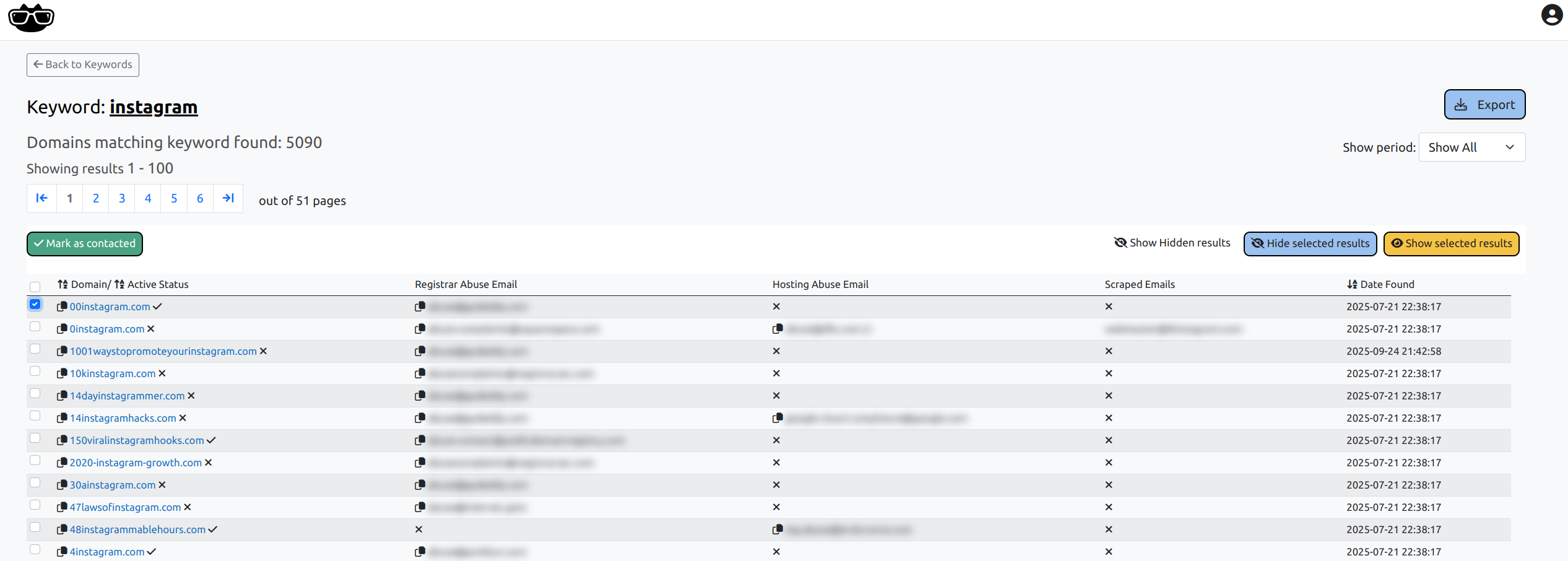 Domain matches list showing keyword results