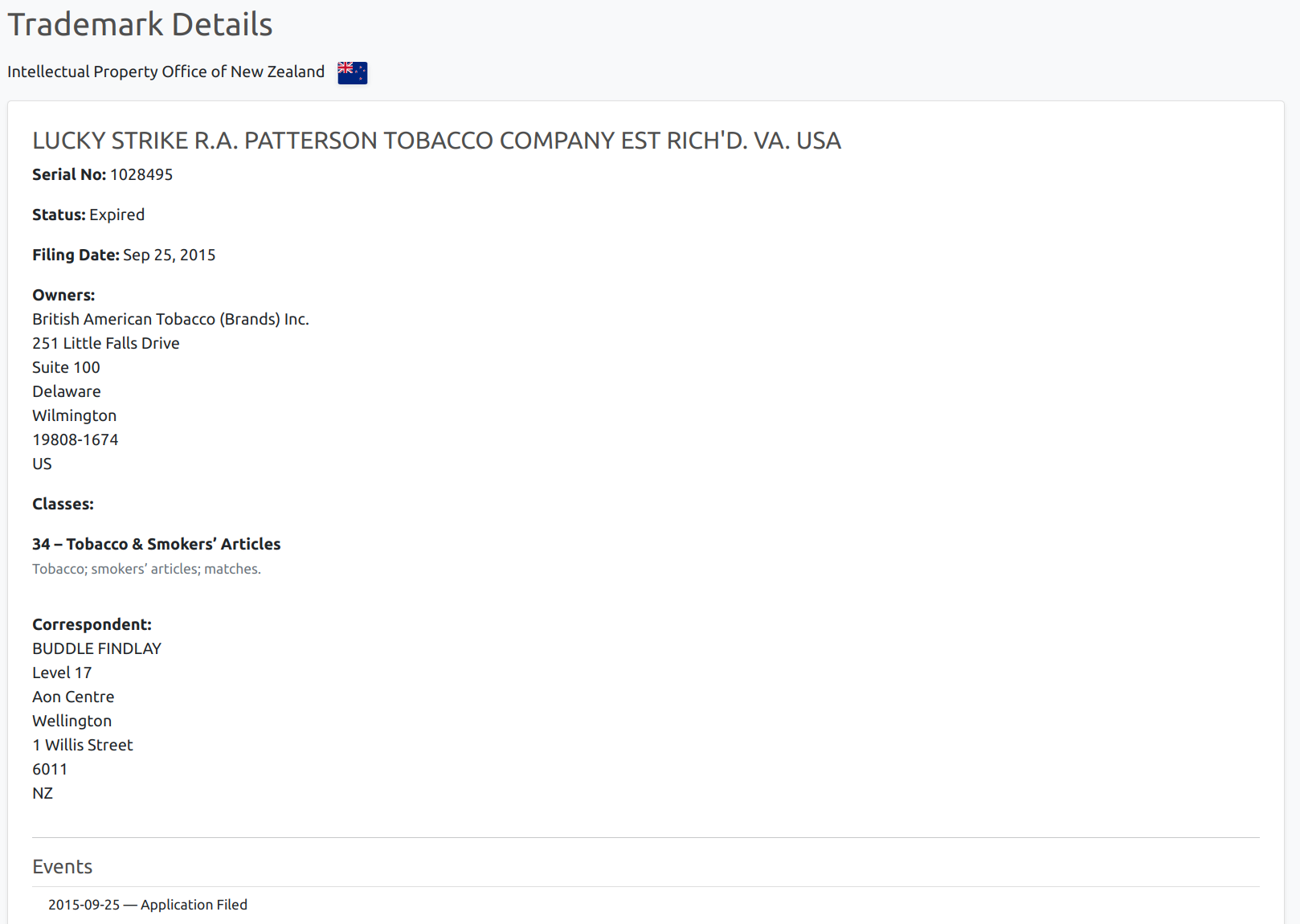 IPONZ trademark details view
